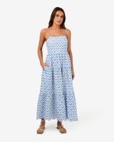 Kela Embroidery Maxi Dress in blue ivory — full-length view