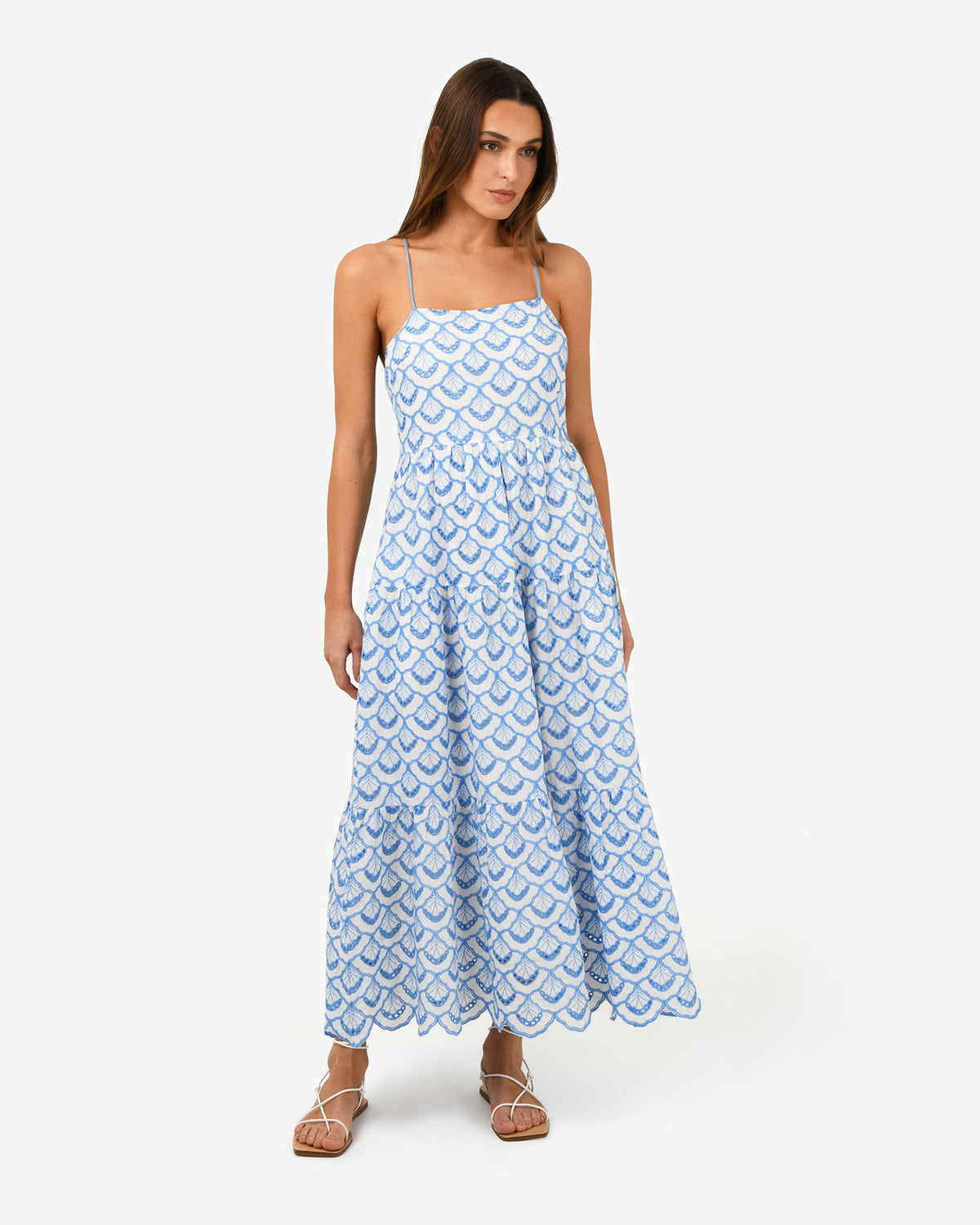 Kela Embroidery Maxi Dress in blue ivory — full-length view 2