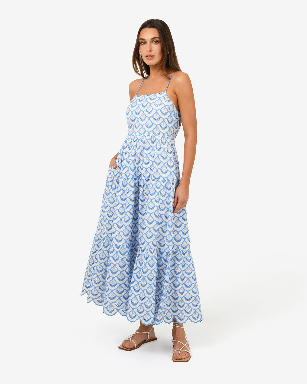 Kela Embroidery Maxi Dress in blue ivory — side view