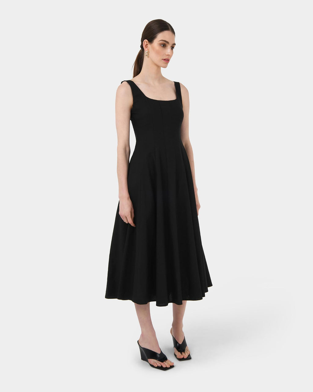 Saira 2 Linen A-Line Dress in black — full-length view 2