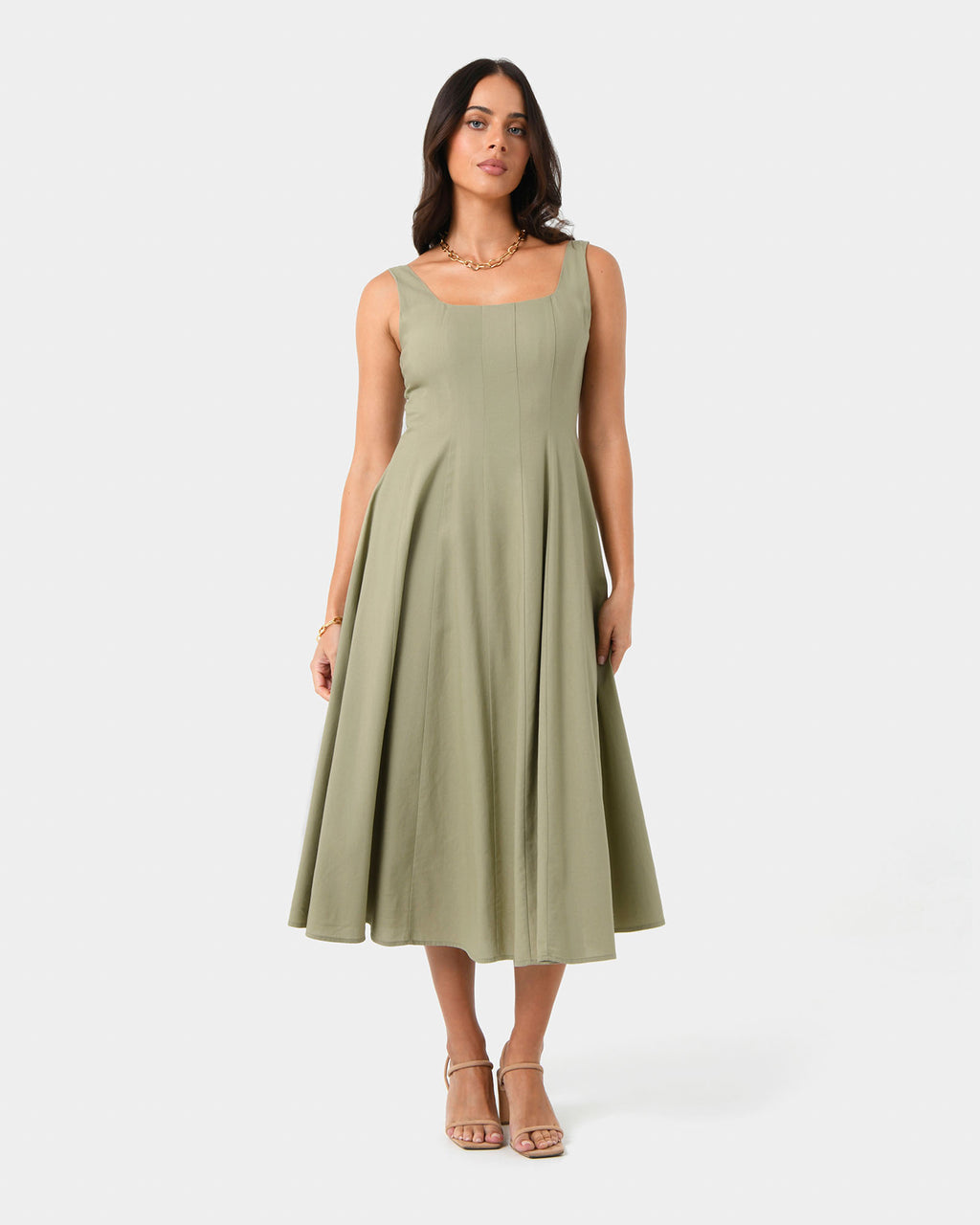 Saira 2 Linen A-Line Dress in light khaki — full-length view