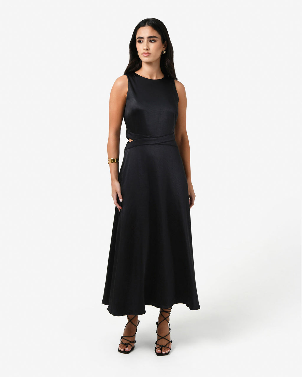 Louisa Cut Out Satin Dress in black — full-length view 2