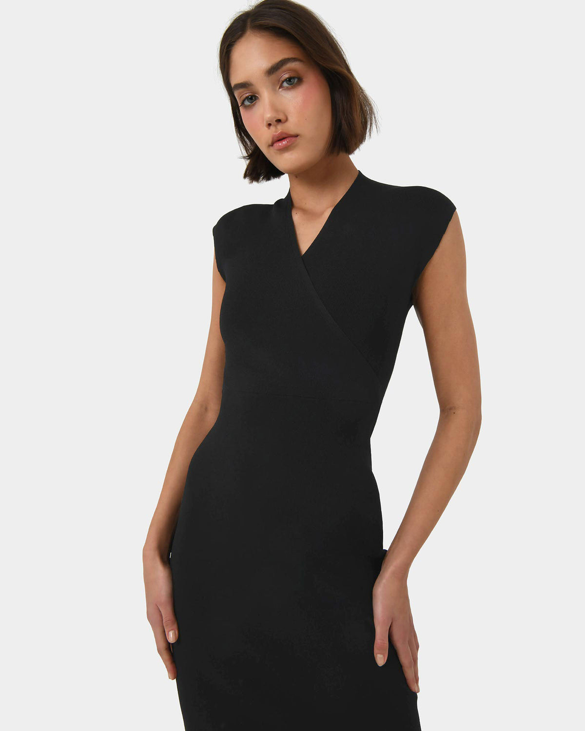 Ani Cross Over Knit Dress in black — close-up view