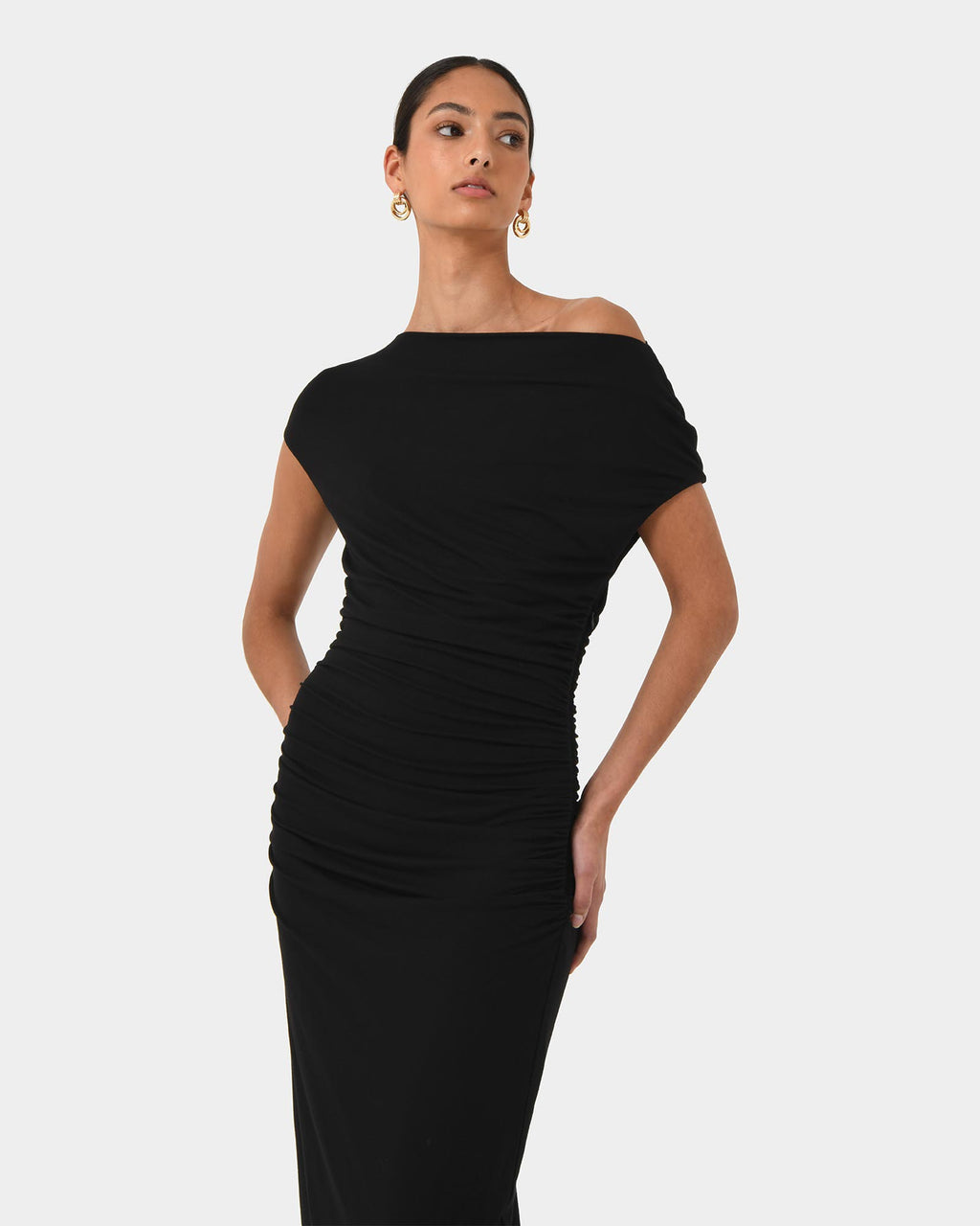 Mia Ruched Jersey Dress in black — close-up view