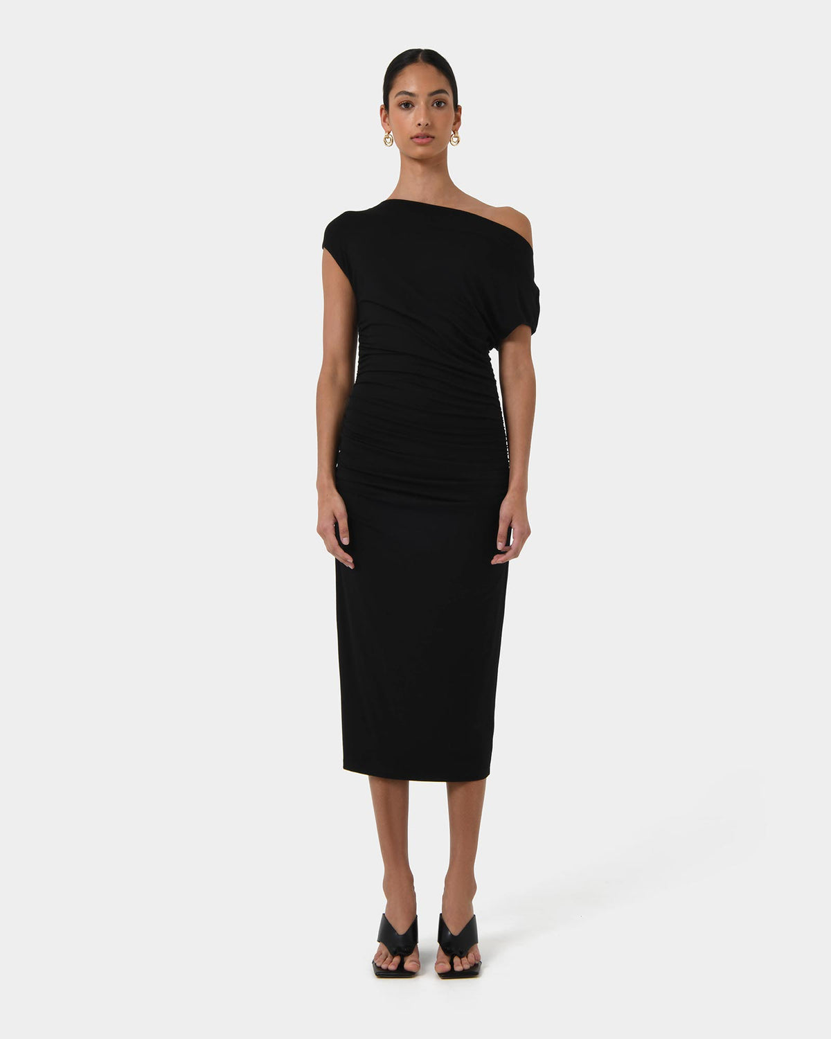 Mia Ruched Jersey Dress in black — full-length view 2
