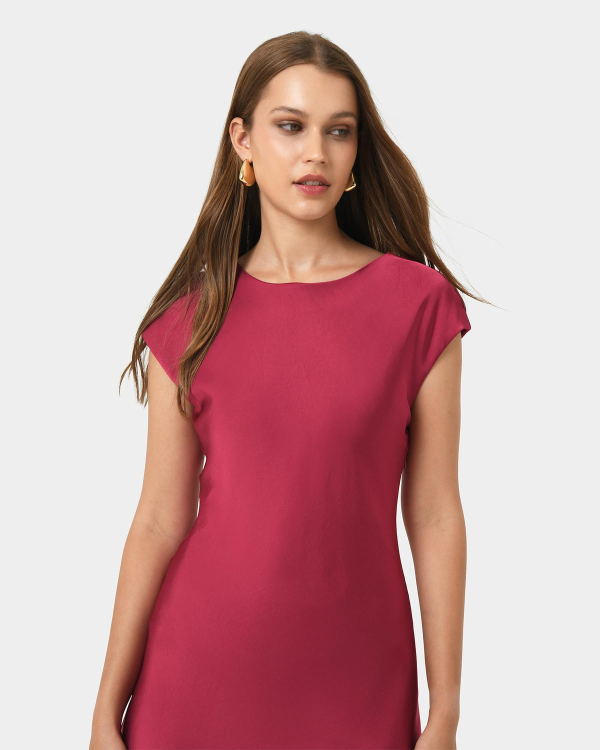 Dulce Satin Midi Dress in burgundy — close-up view