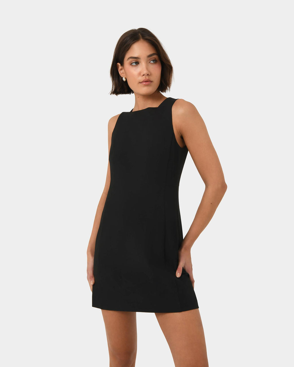 Ava Square Neck Panel Dress in black — close-up view 2