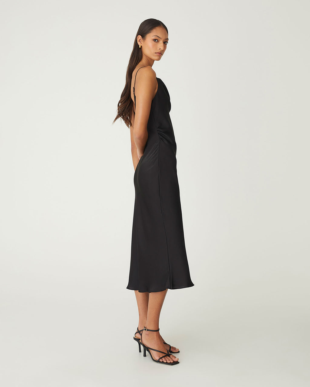 Mae Side Ruched Satin Dress in black — back view