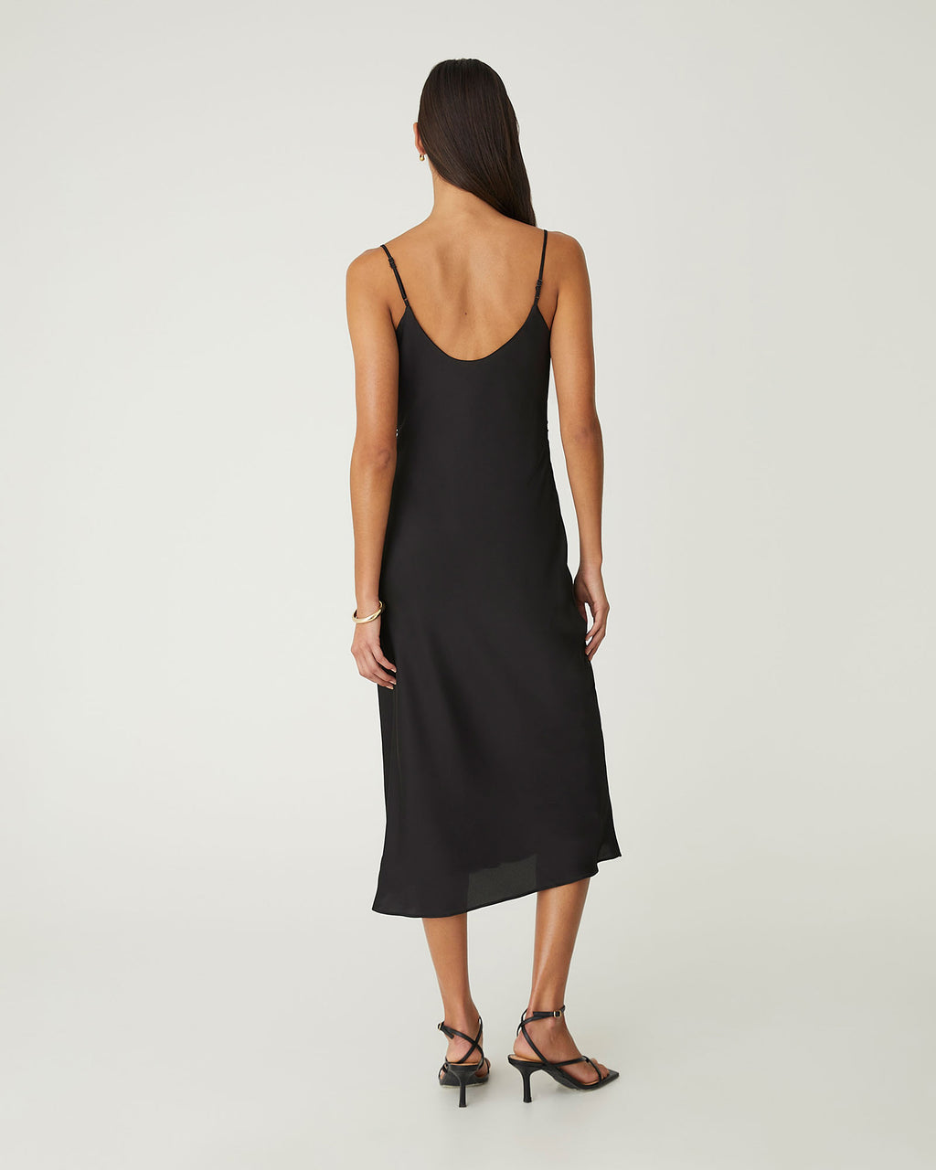 Mae Side Ruched Satin Dress in black — back view 2