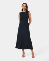 Demi Ruched Midi Dress in midnight — full-length view