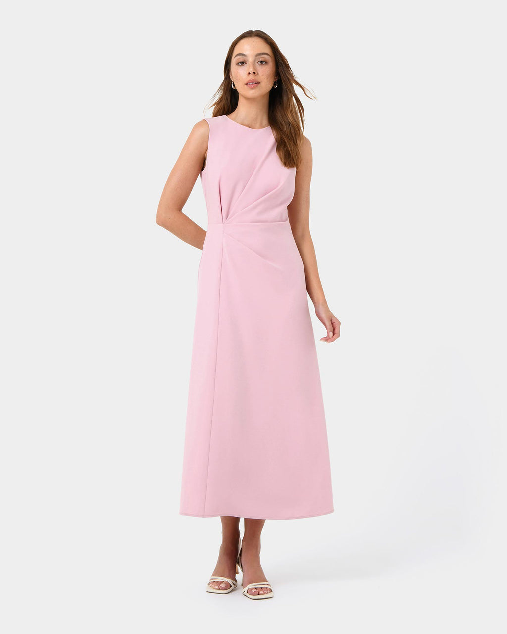 Demi Ruched Midi Dress in pastel pink — full-length view