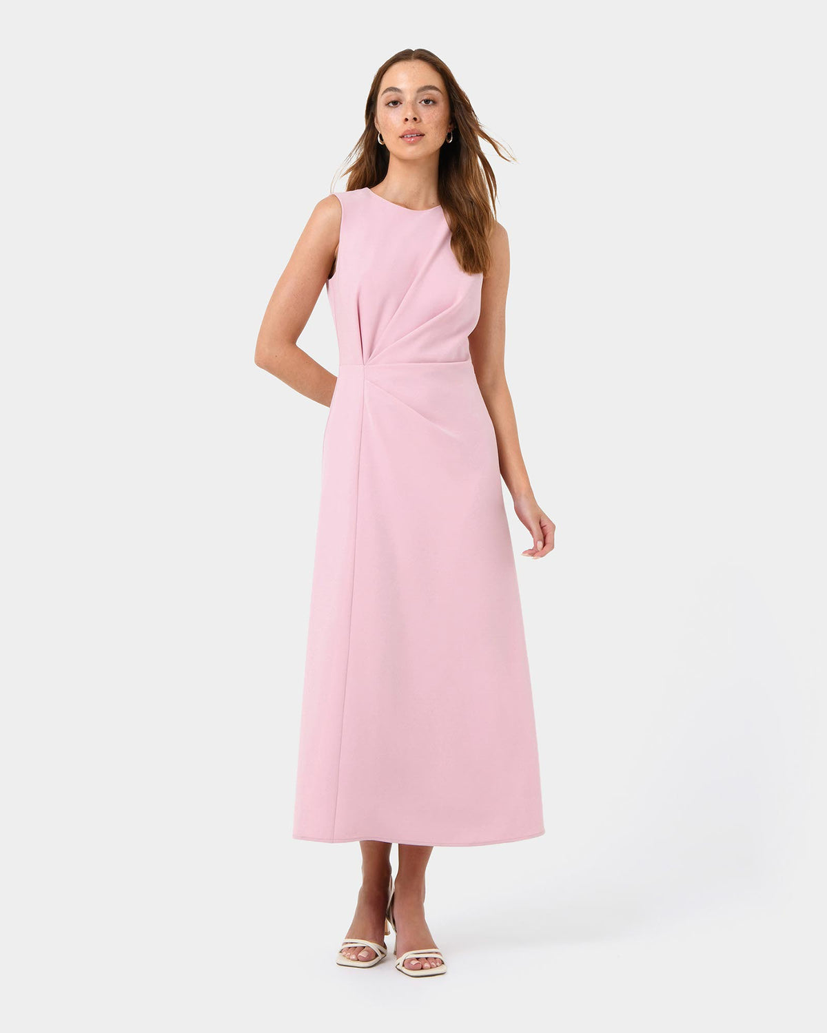 Demi Ruched Midi Dress in pastel pink — full-length view