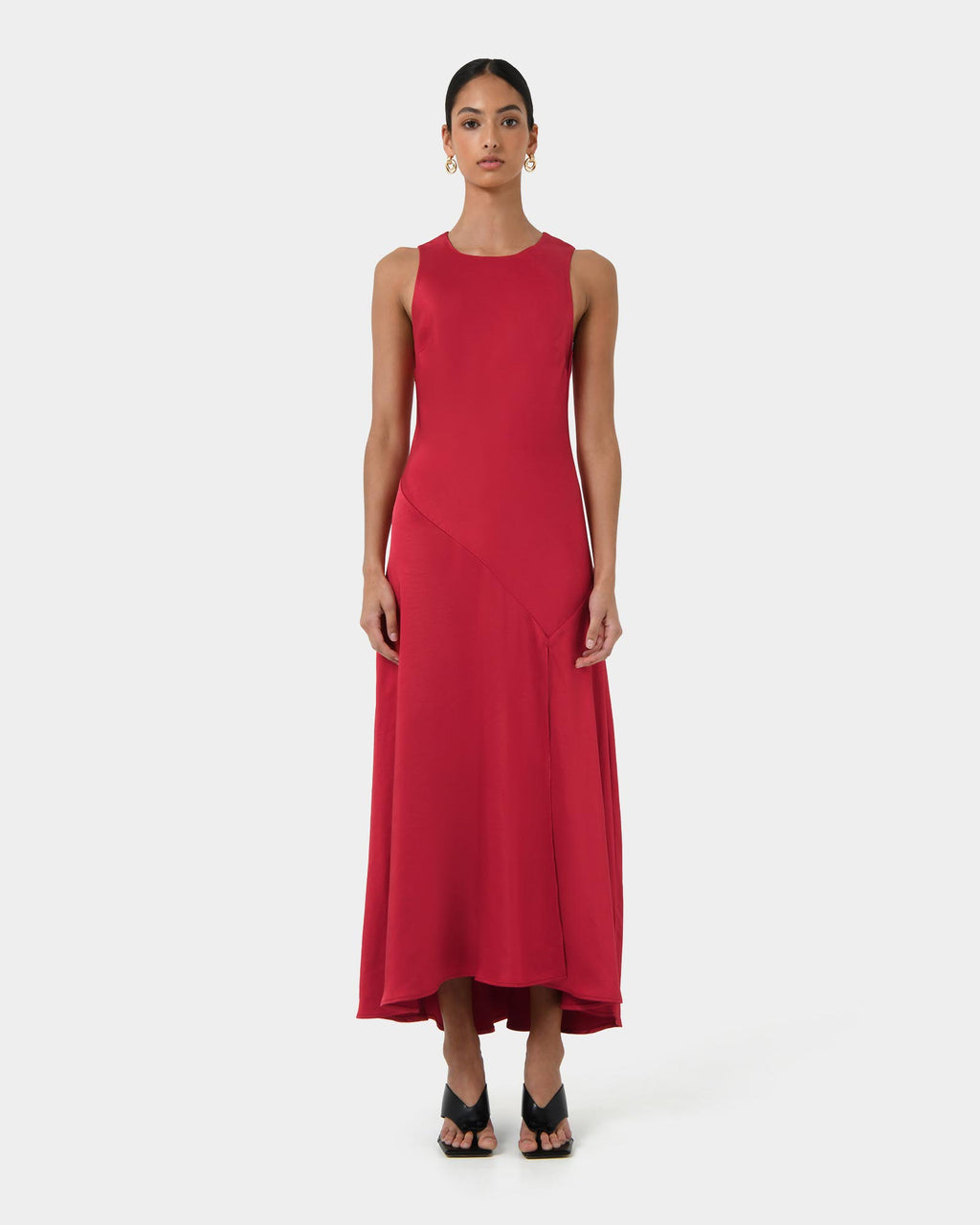 Louisa Satin Bias Dress in red — full-length view 2