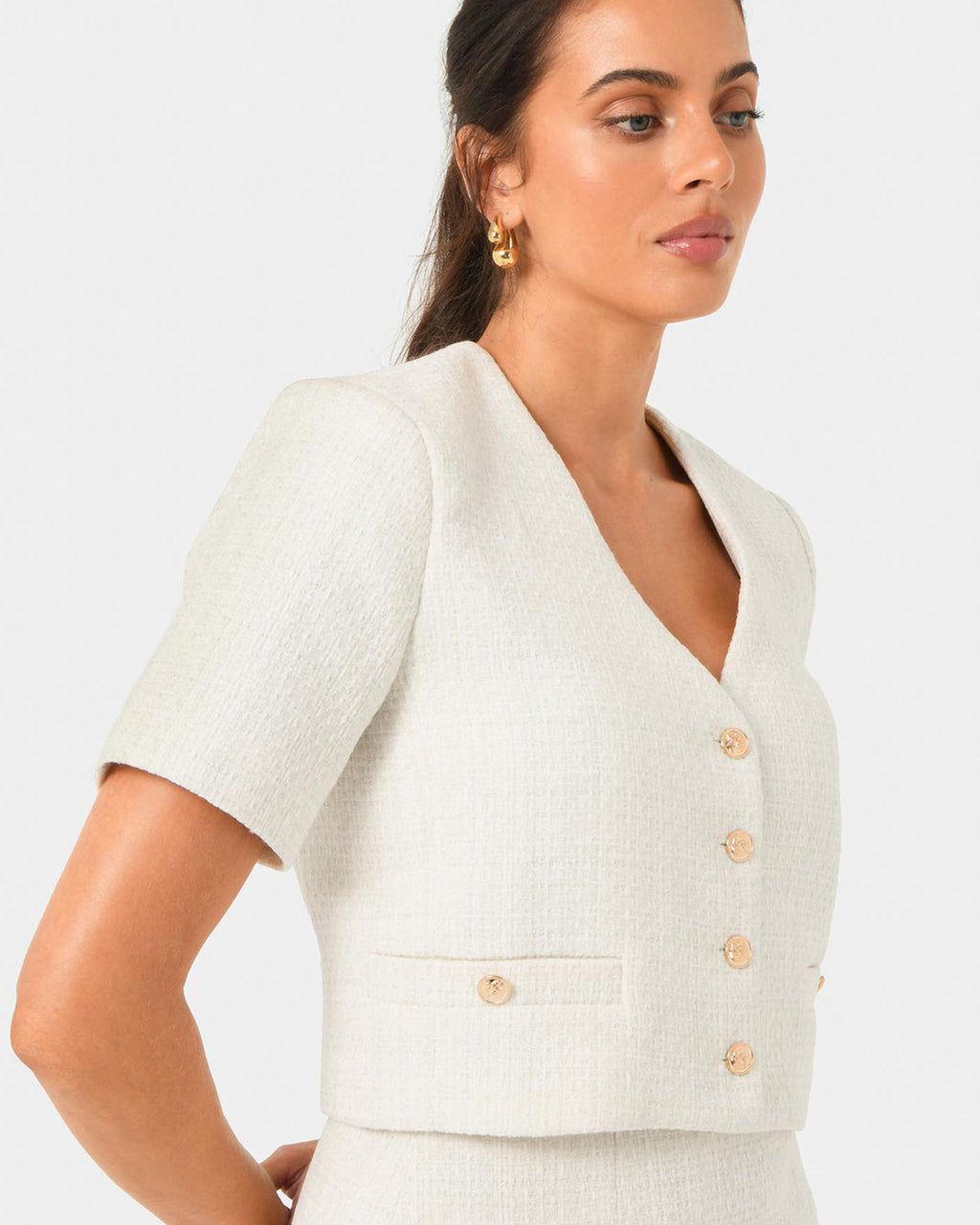 Carmen Tweed Crop Jacket in ivory — close-up view