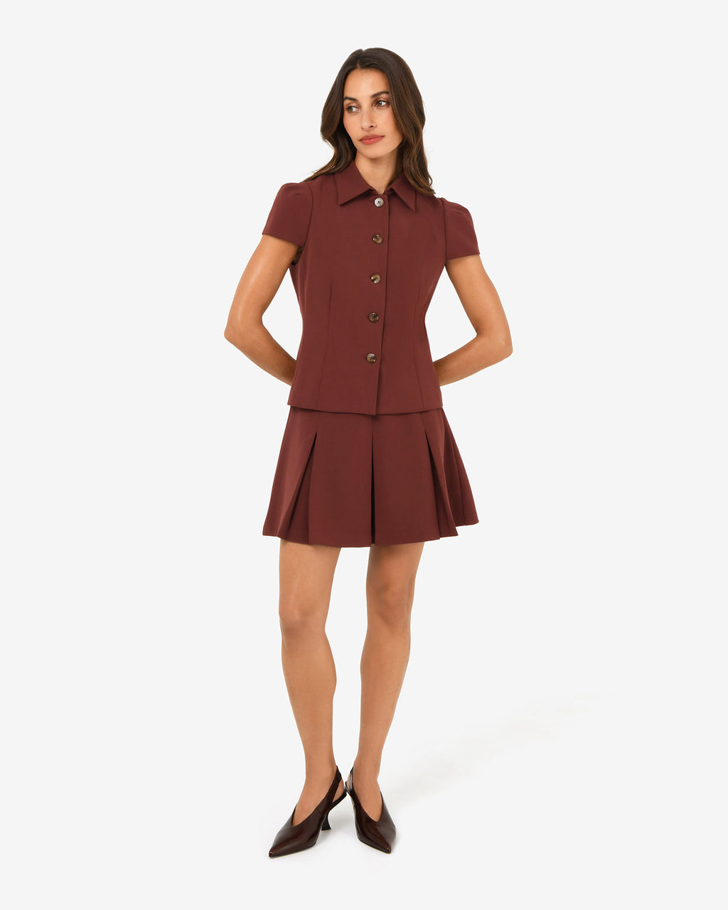 Ace Button Down Jacket in brick — full-length view