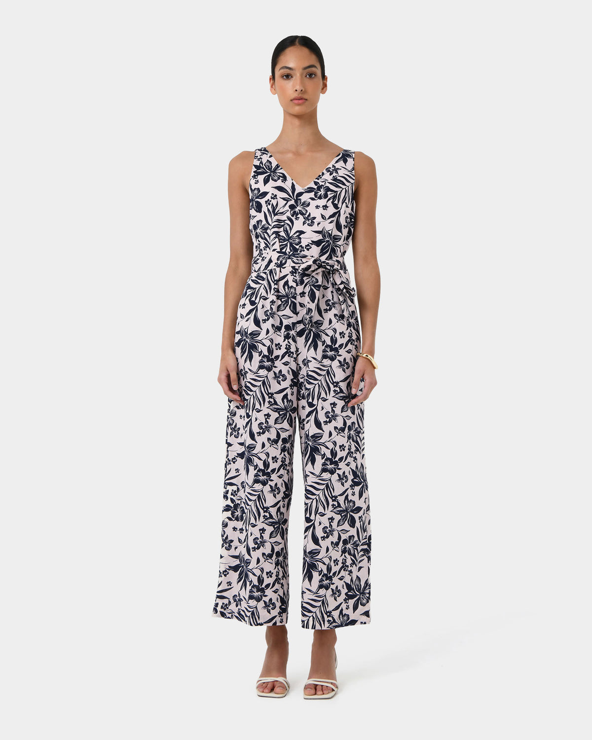 Ren Linen Blend Jumpsuit in navy floral — full-length view 2