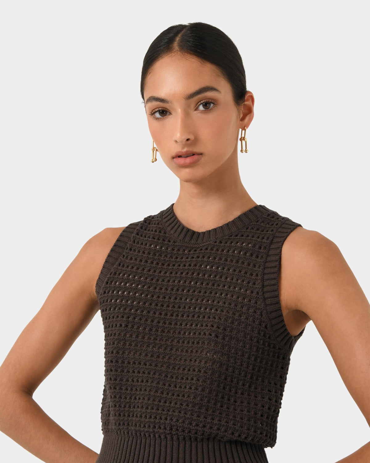 Quinta Open Knit Top in chocolate — view 2