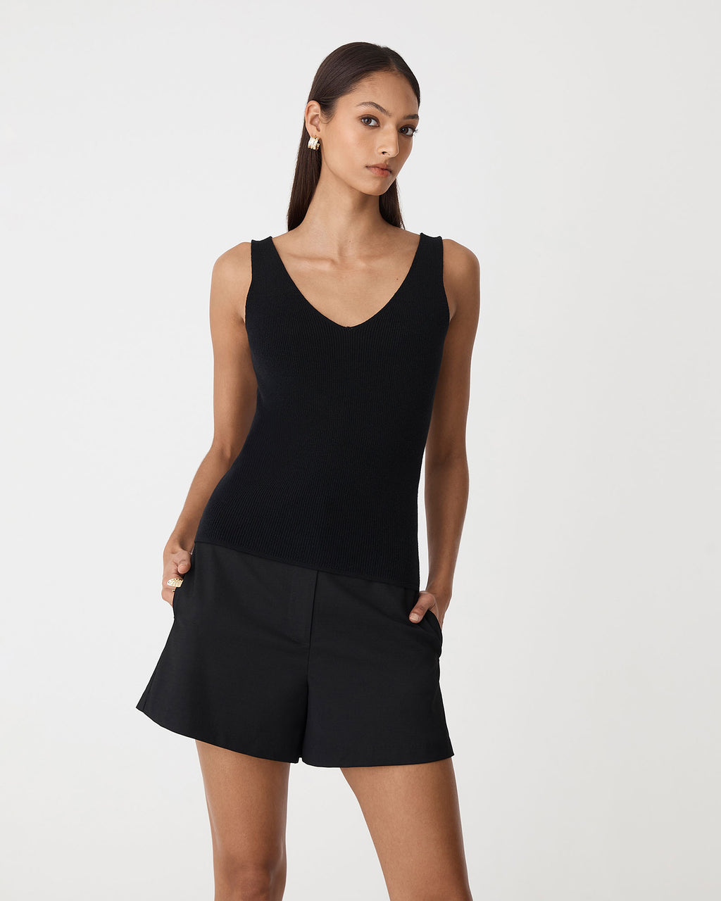 Heidi V-Neck Knit Tank in black — view 2