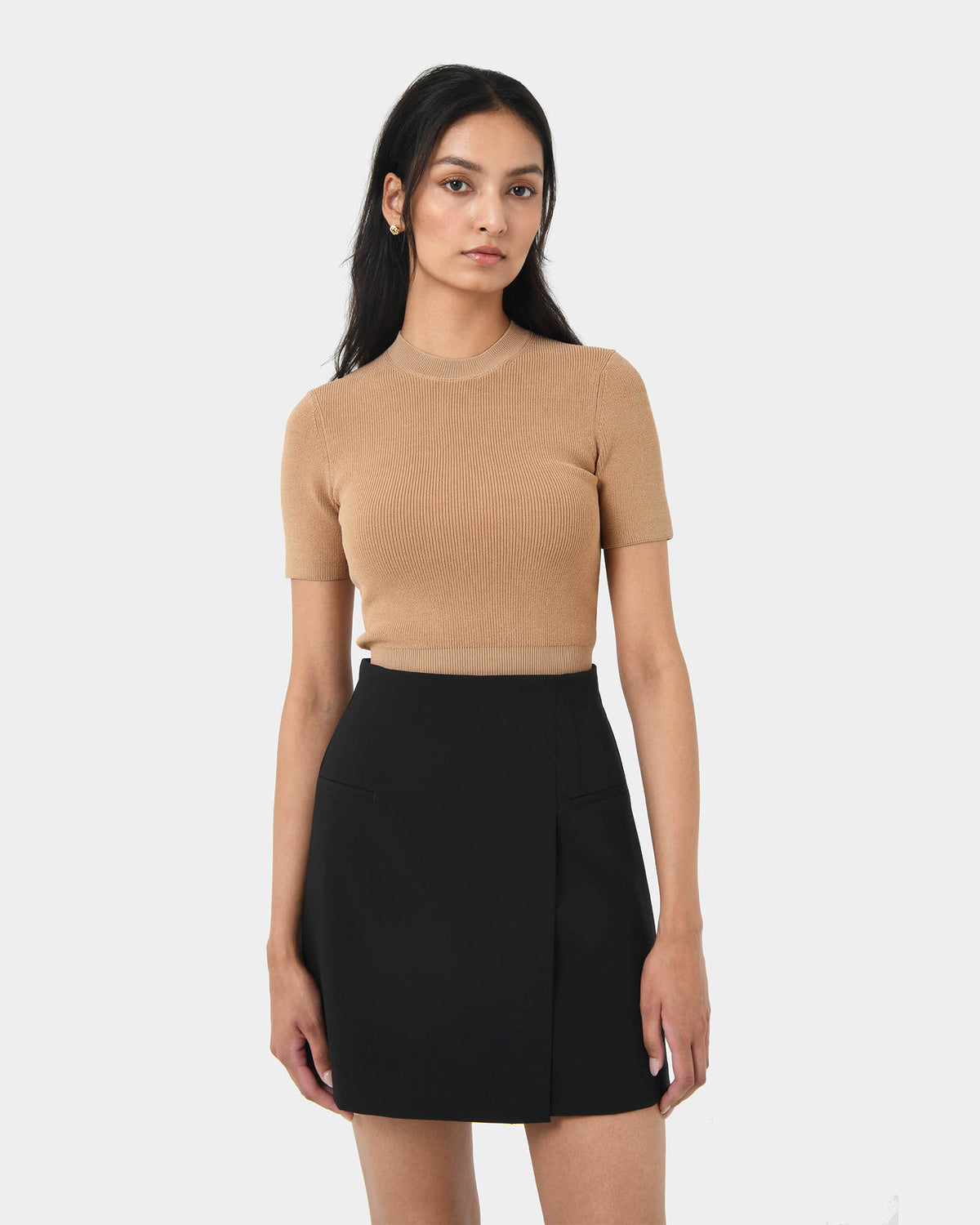 Murphy Crop Knit Top in camel — close-up view
