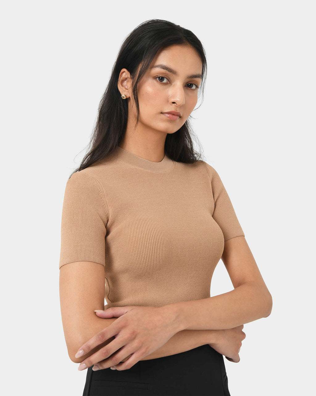 Murphy Crop Knit Top in camel — side view