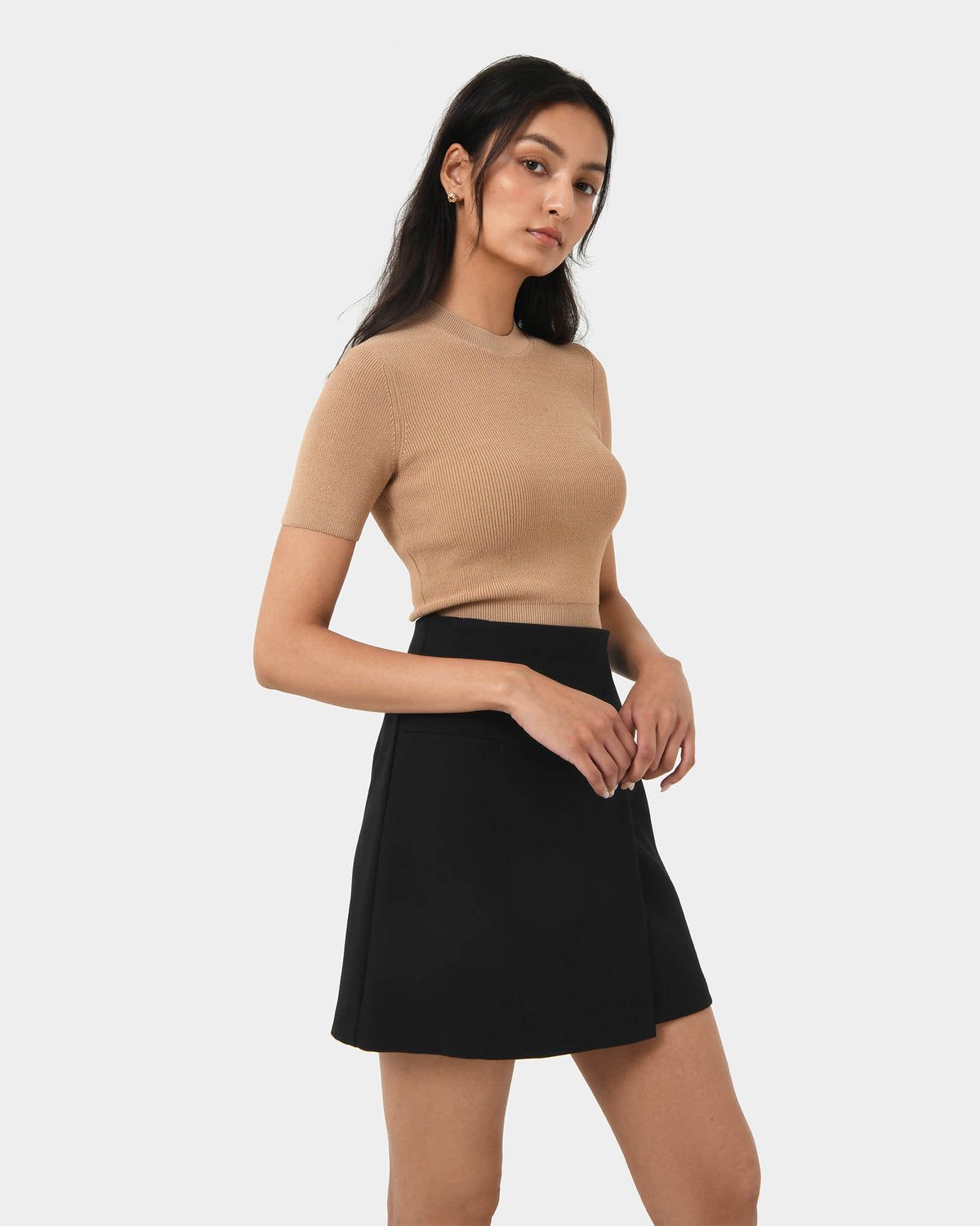 Murphy Crop Knit Top in camel — side view 2