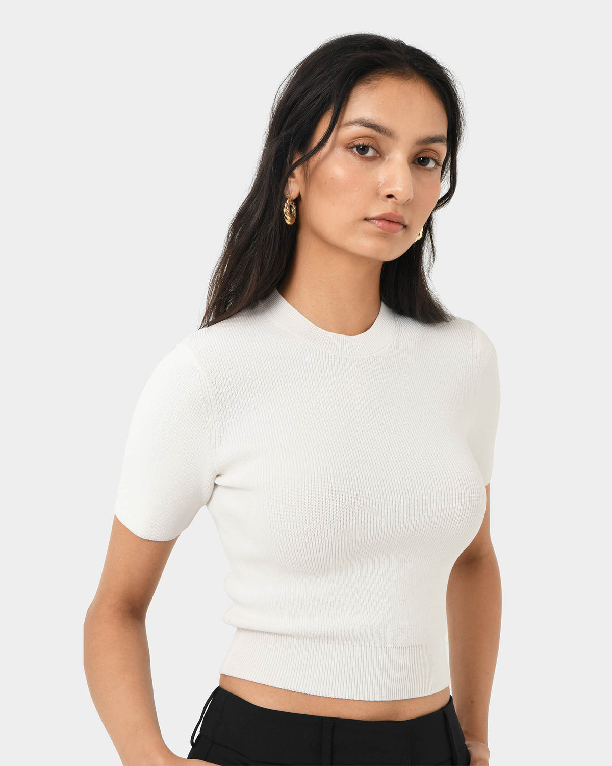 Murphy Crop Knit Top in ivory — close-up view