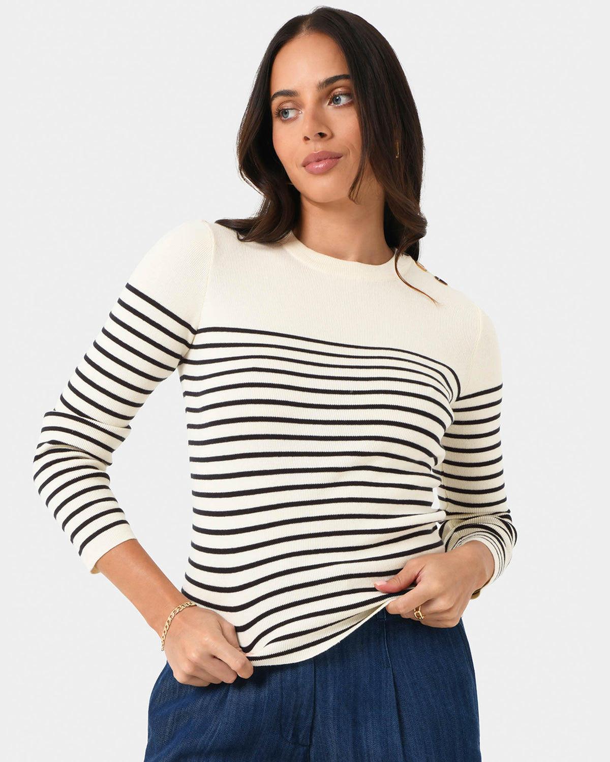 Margot Long Sleeve Knit in ivory navy — close-up view