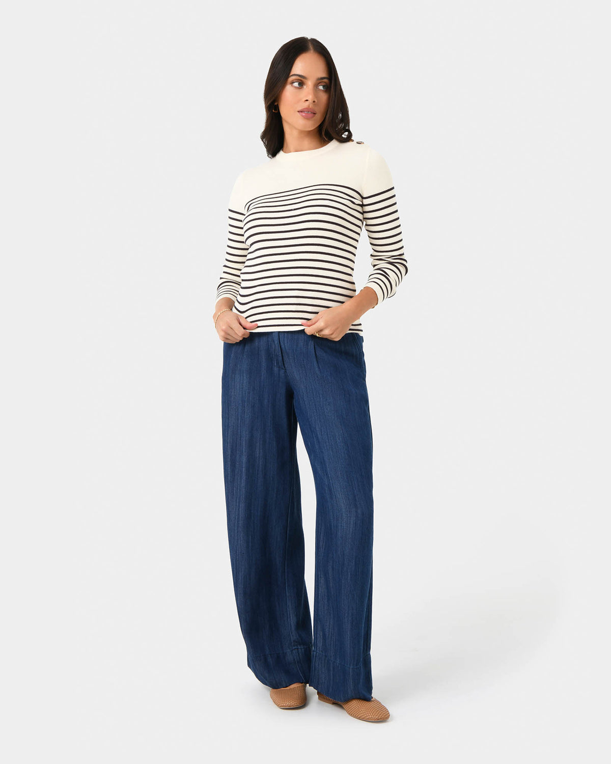 Margot Long Sleeve Knit in ivory navy — full-length view