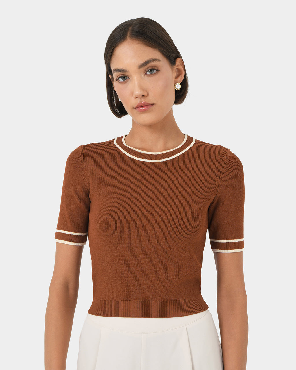 Kiara Contrast Knit Top in tan beige — close-up view 2