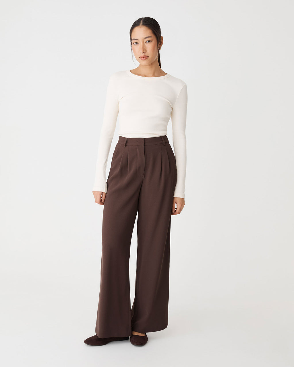 Rumy Wide Leg Tailored Pants in chocolate — full-length view 2