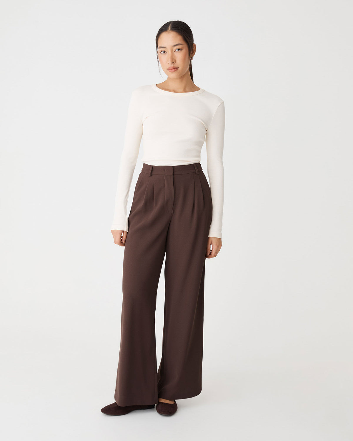 Rumy Wide Leg Tailored Pants in chocolate — full-length view 2