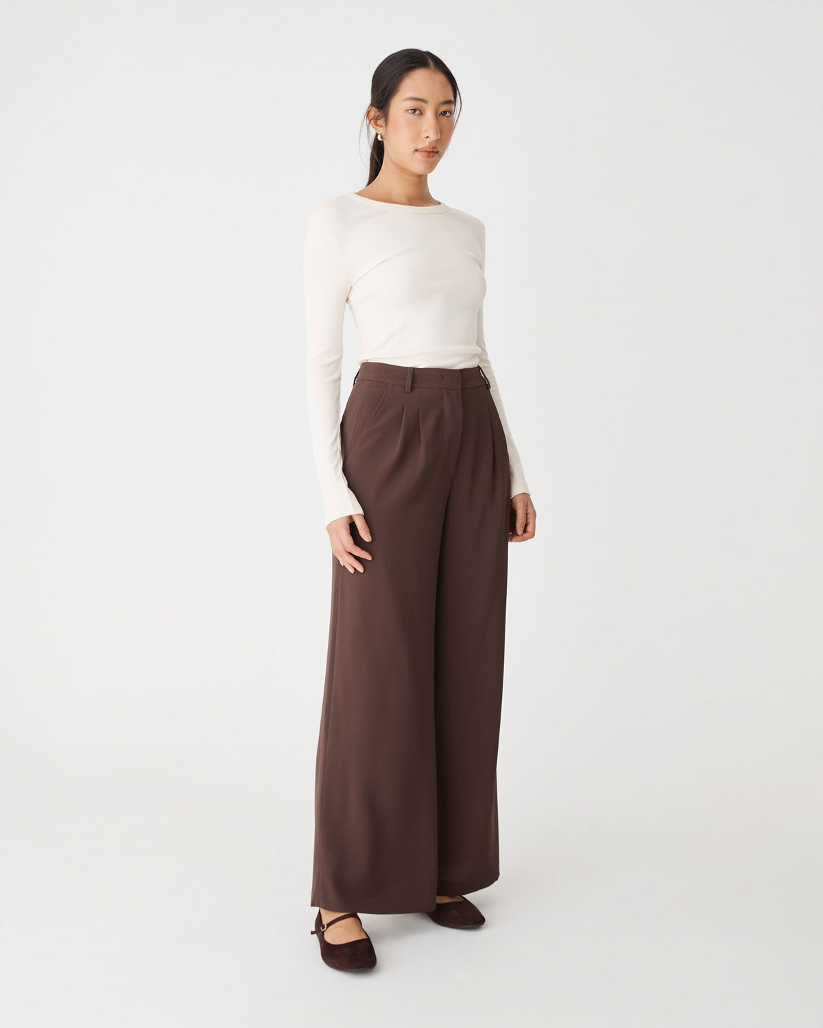 Rumy Wide Leg Tailored Pants in chocolate — side view