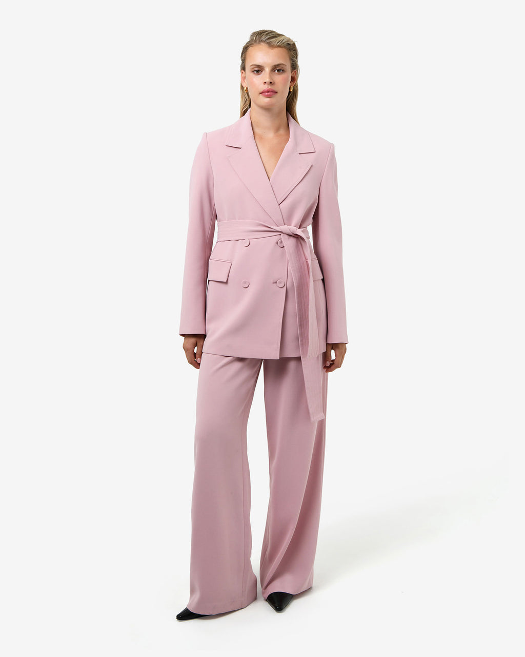 Rumy Wide Leg Tailored Pants in pink — full-length view 3