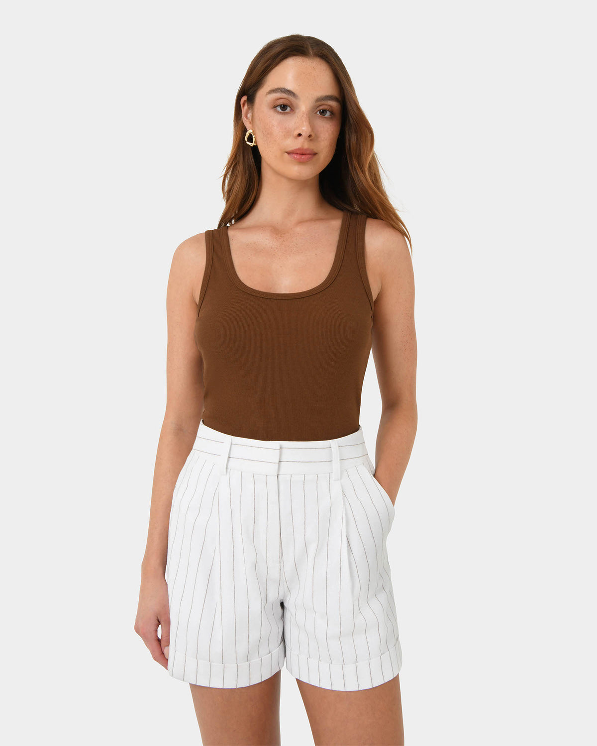Ria Stripe Cotton Shorts in ivory brown — close-up view