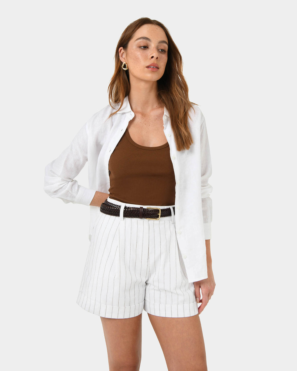 Ria Stripe Cotton Shorts in ivory brown — close-up view 3
