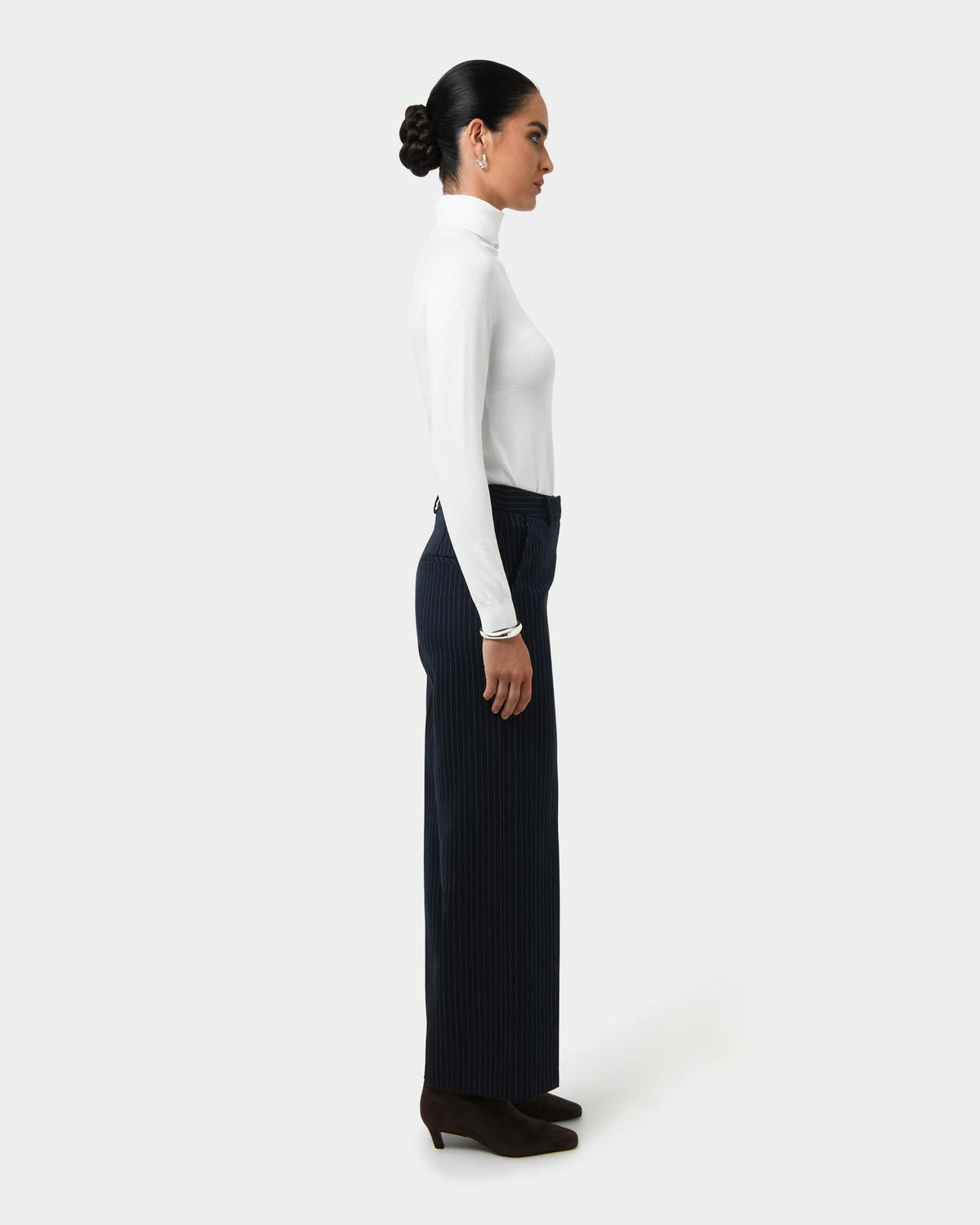 Zara Pinstripe Tailored Pants in navy pinstripe — side view