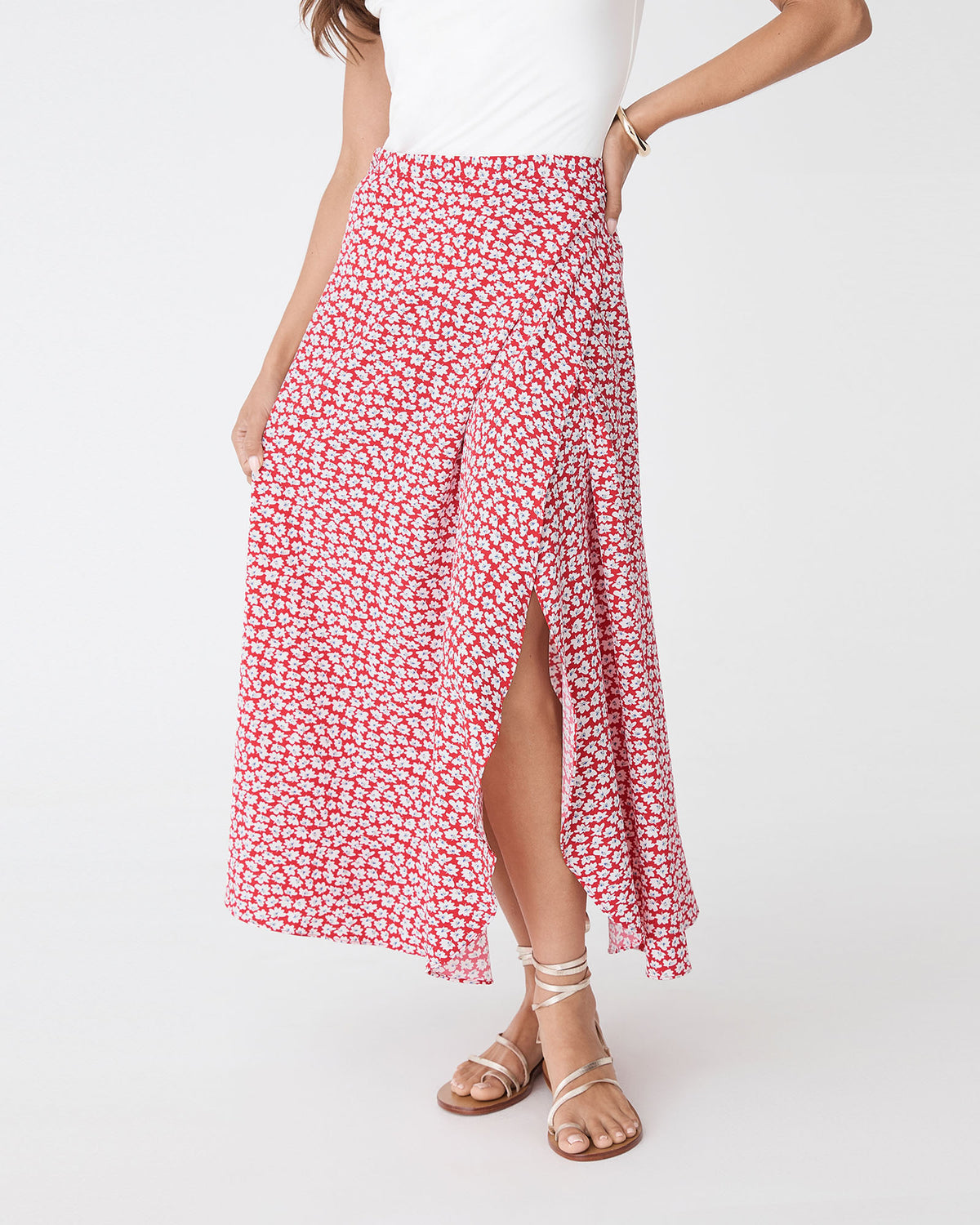 Tara Floral Wrap Skirt in red white — close-up view 2