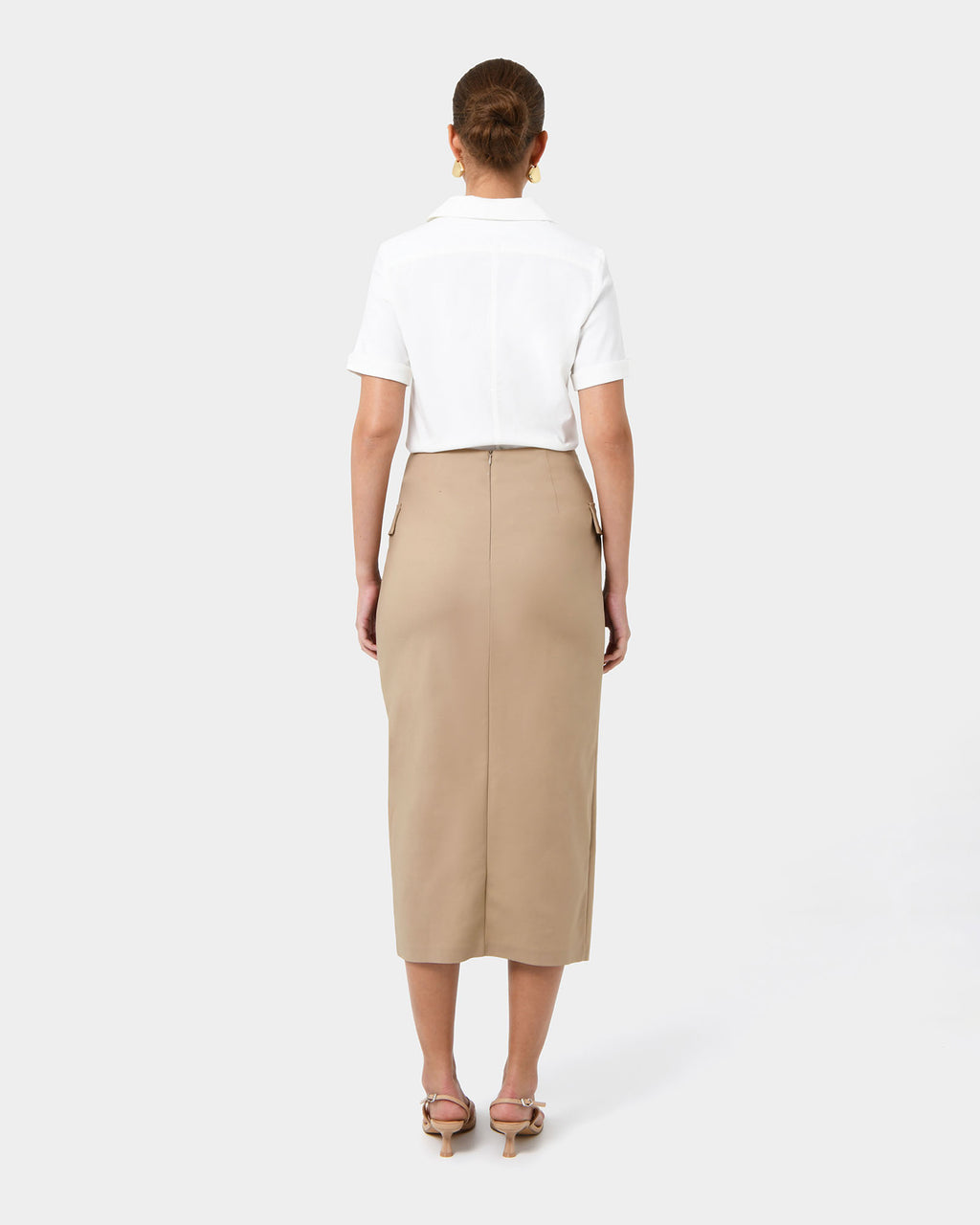 Abby Asymmetric Tailored Skirt in almond — back view