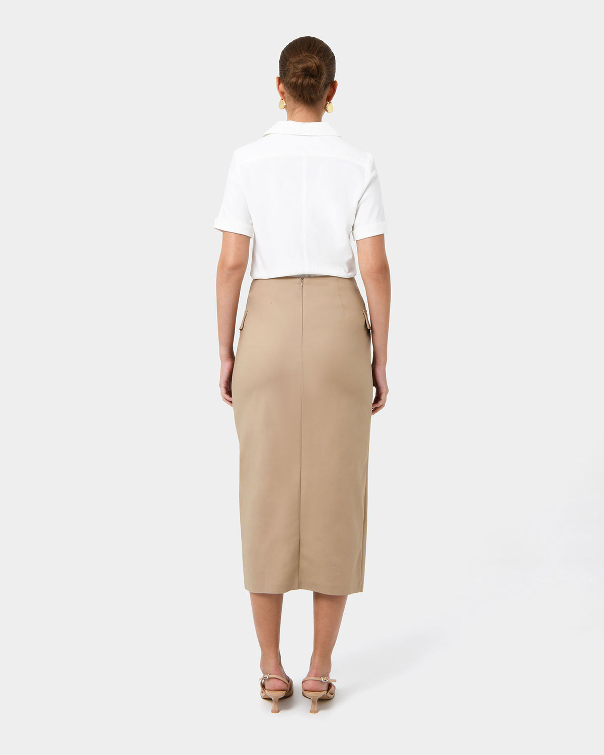 Abby Asymmetric Tailored Skirt in almond — back view