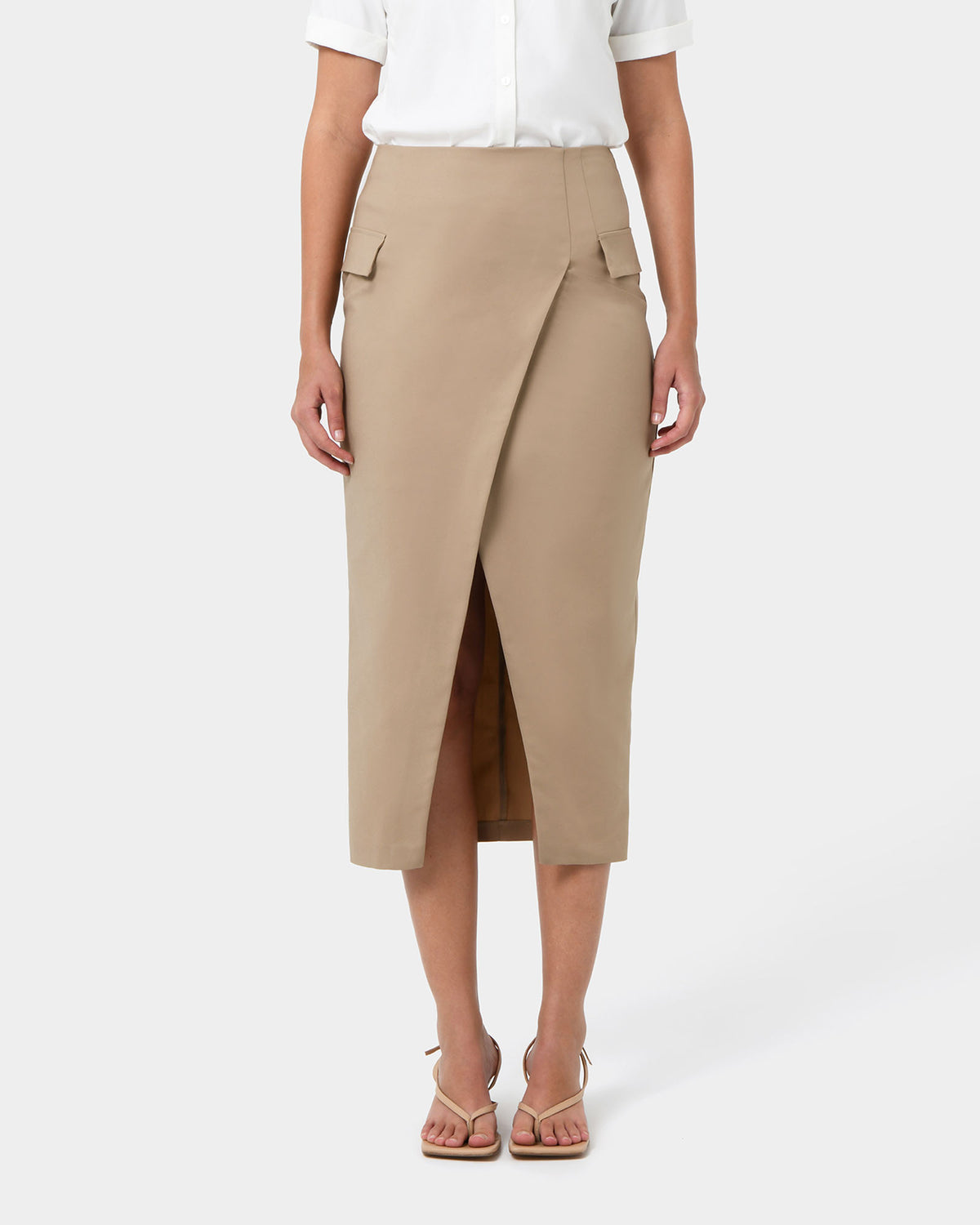 Abby Asymmetric Tailored Skirt in almond — close-up view