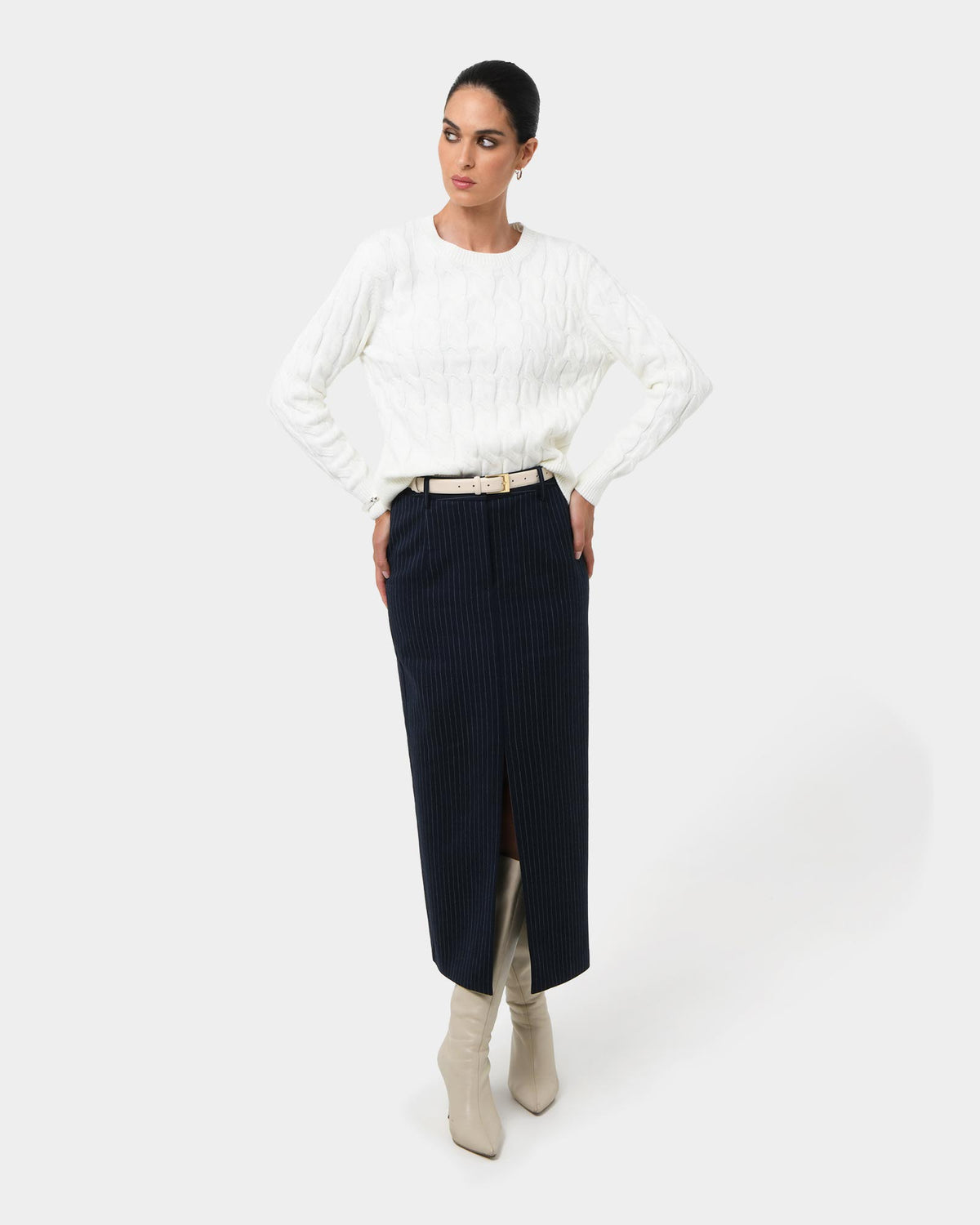 Zara Tailored Midi Skirt in navy pinstripe — full-length view 2