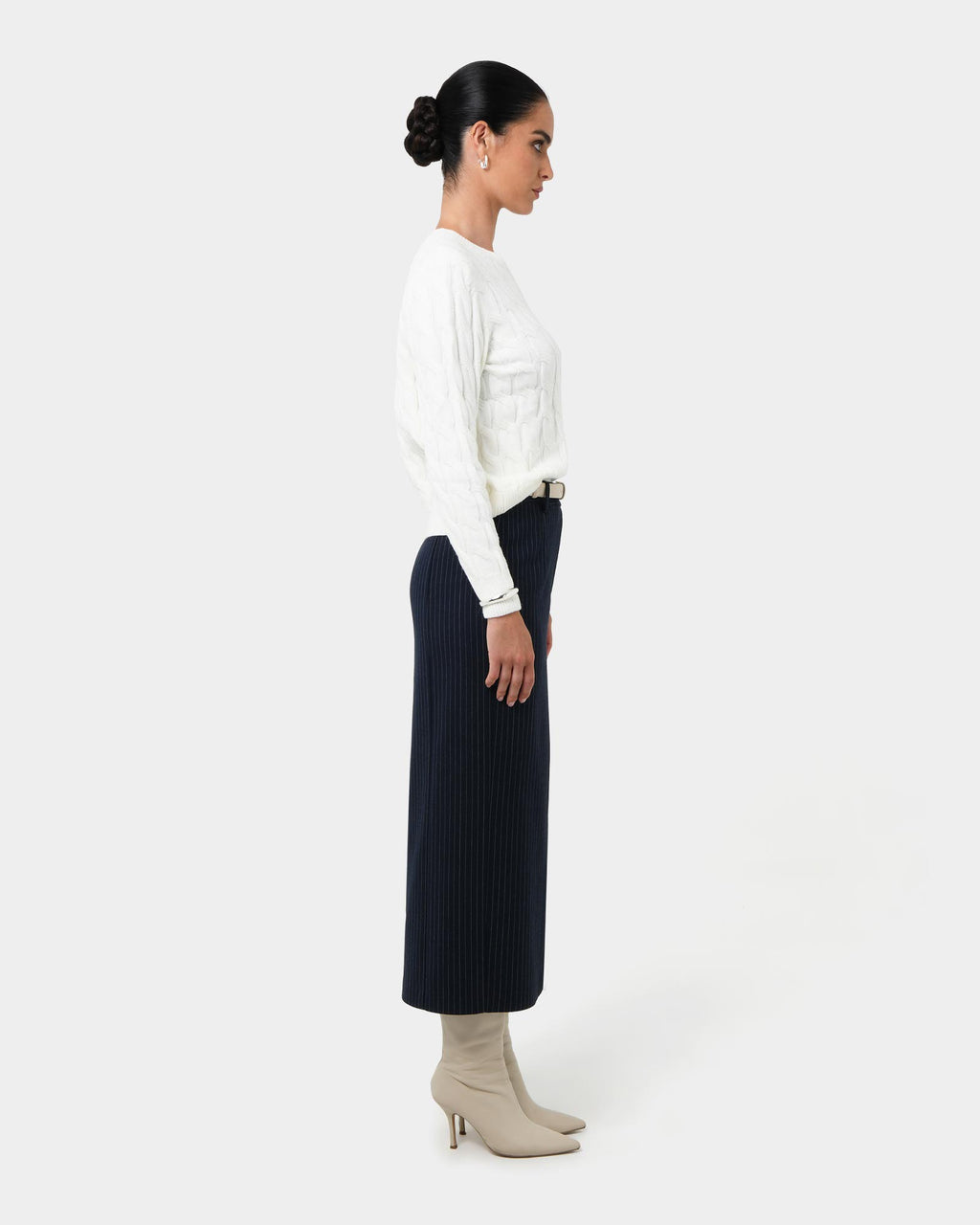 Zara Tailored Midi Skirt in navy pinstripe — side view