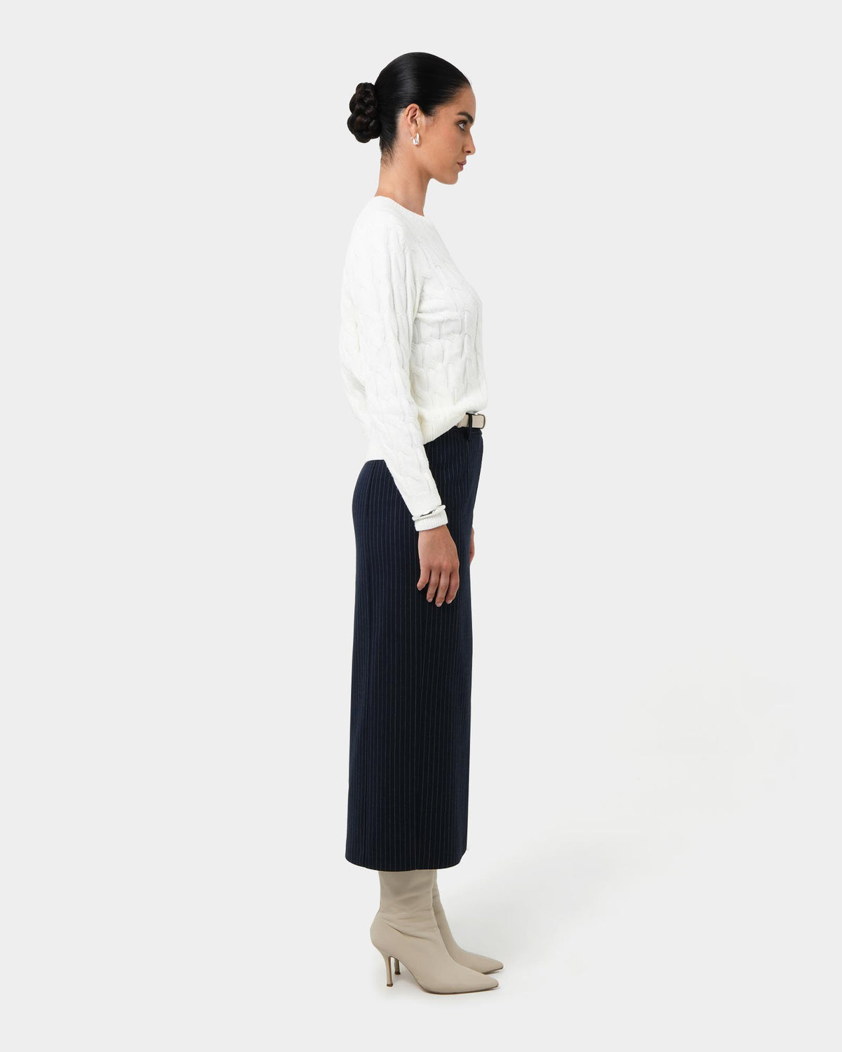Zara Tailored Midi Skirt in navy pinstripe — side view