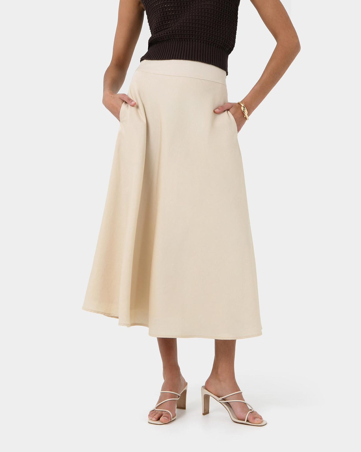Aiya Bias Midi Skirt in light ecru — close-up view