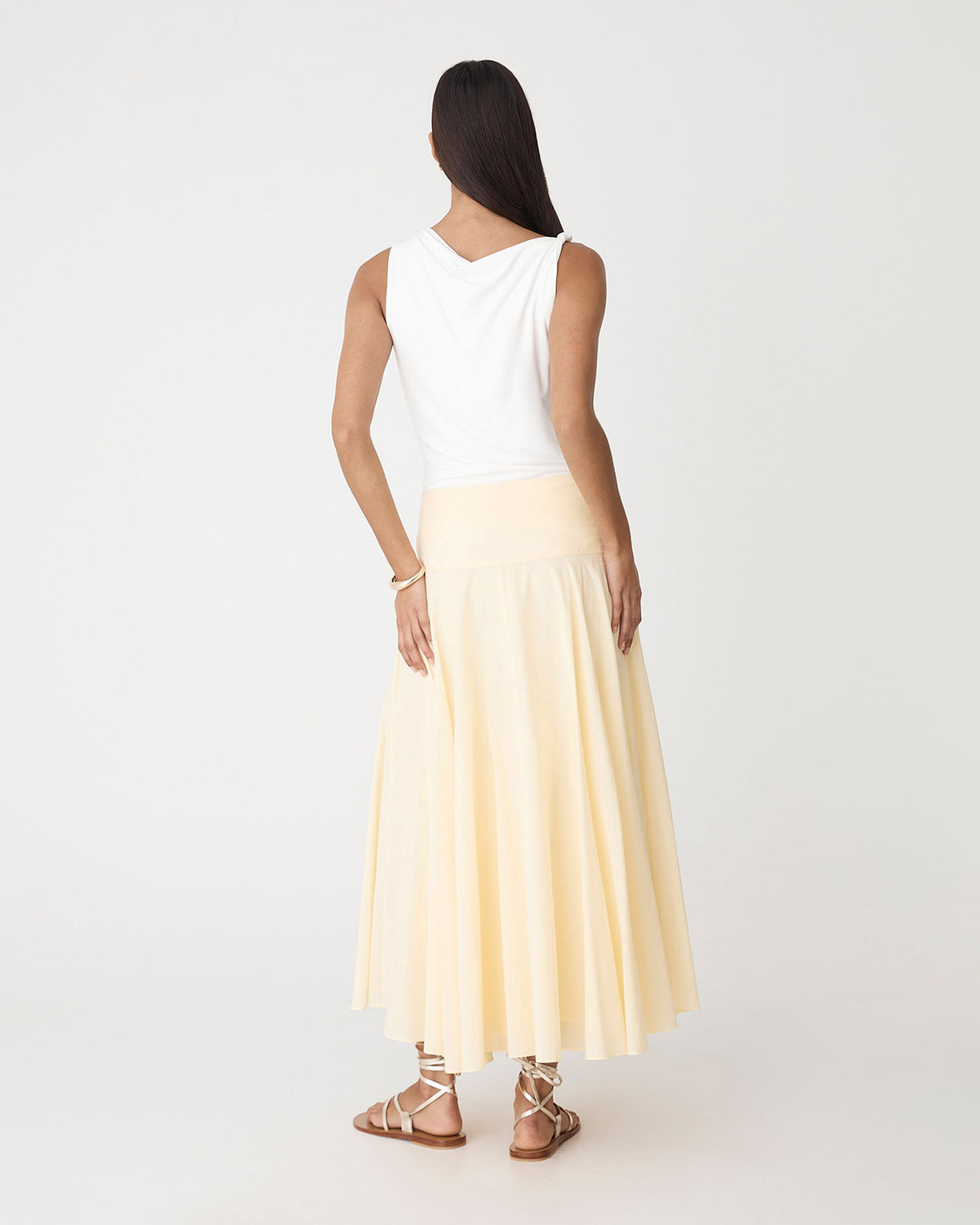 Deb Cotton Midi Full Skirt in butter yellow — back view