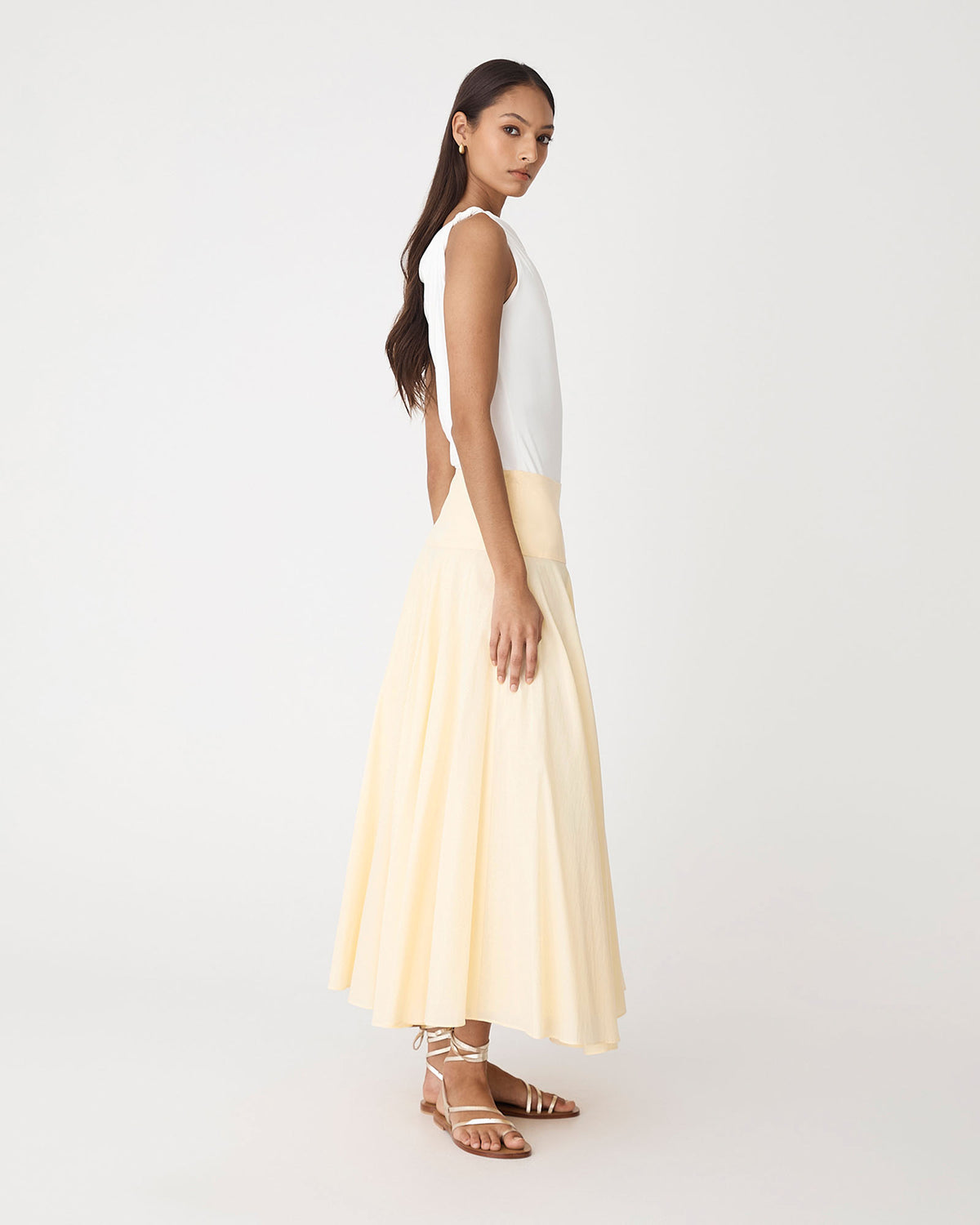 Deb Cotton Midi Full Skirt in butter yellow — side view