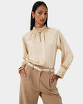 Anna Pleated Satin Blouse in champagne — close-up view