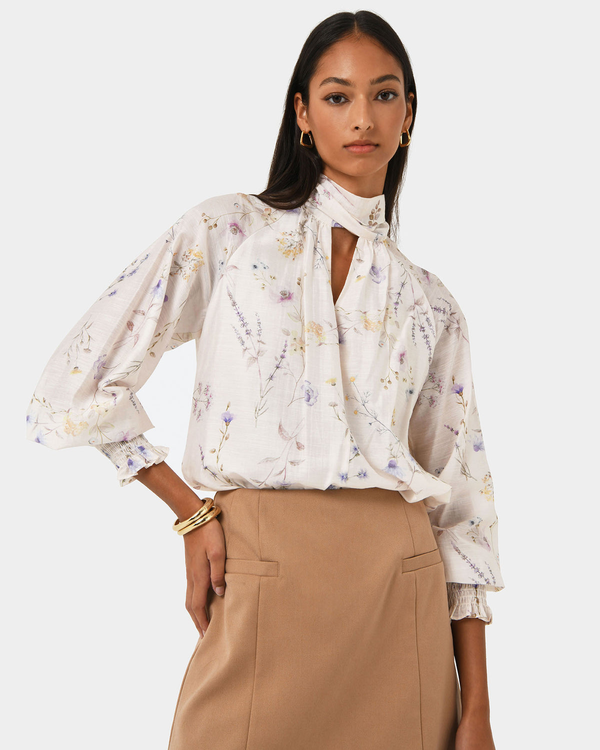 Aurae Floral Tie Blouse in ivory floral — close-up view