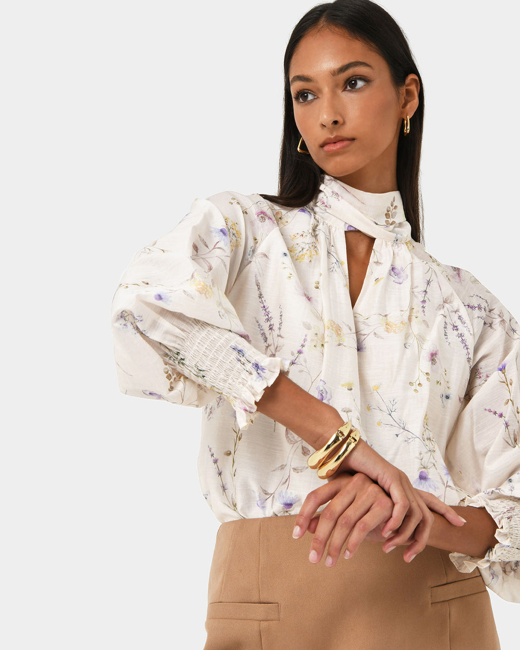 Aurae Floral Tie Blouse in ivory floral — close-up view 2