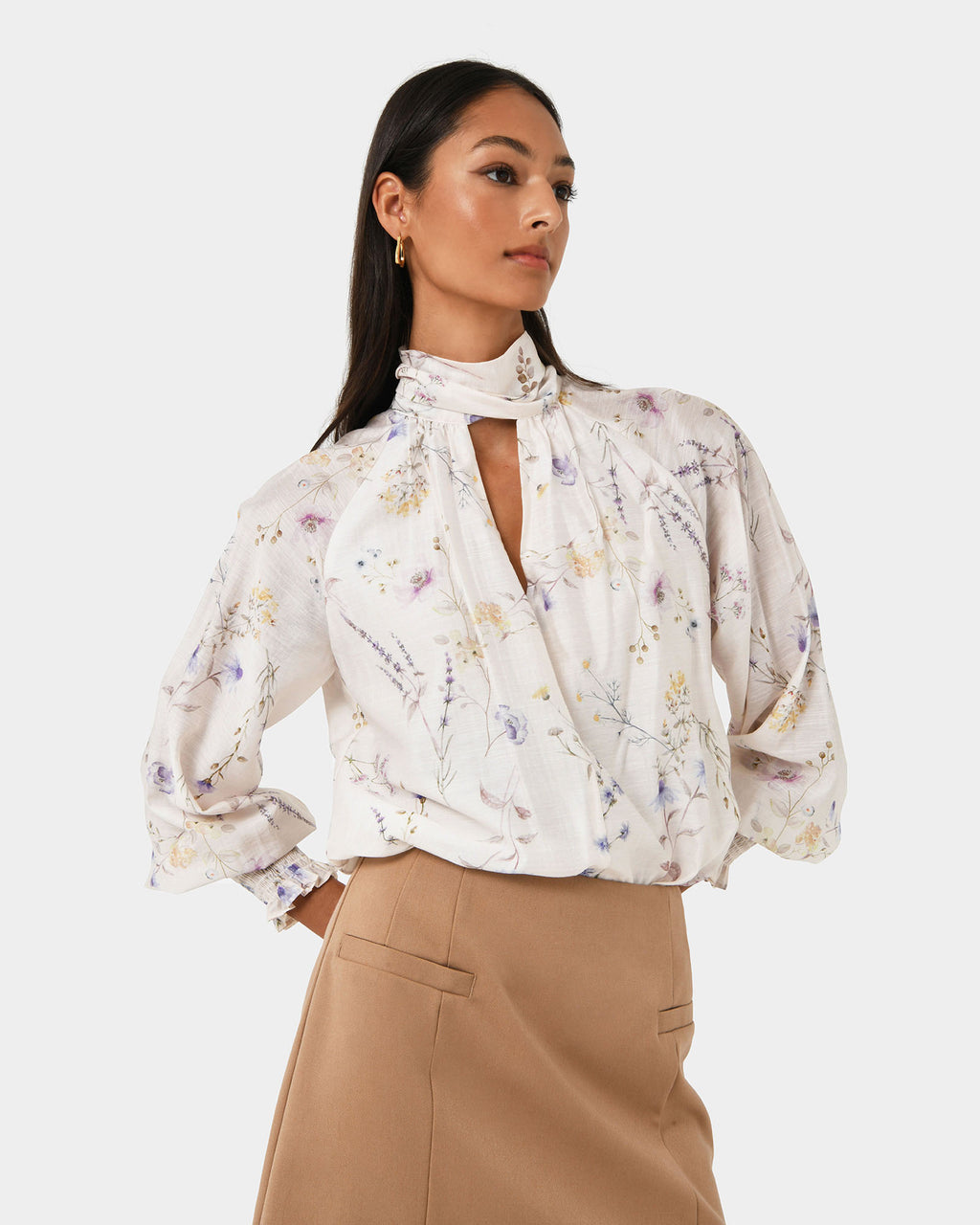 Aurae Floral Tie Blouse in ivory floral — close-up view 3